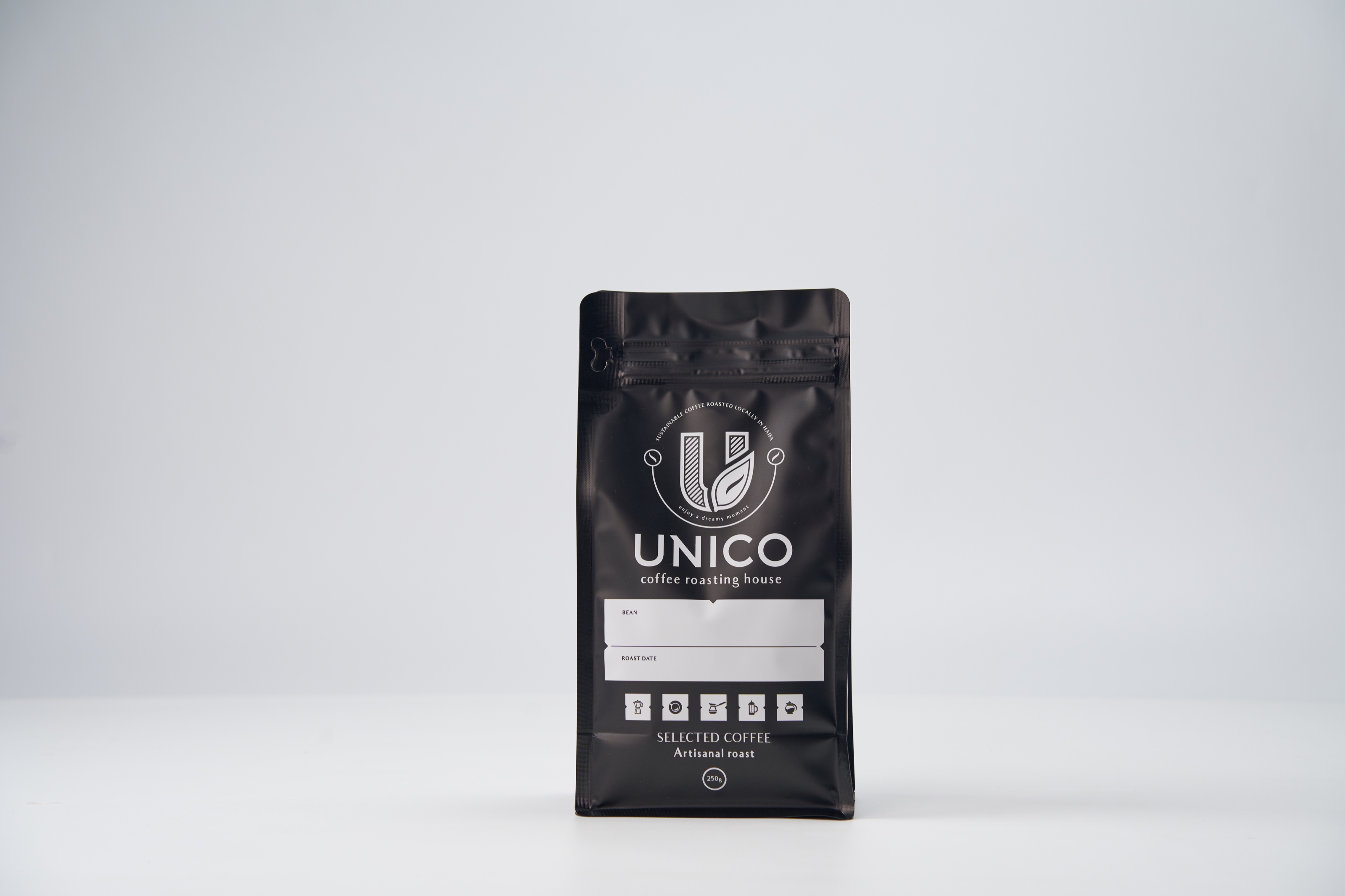 אריזת קפה מודפסת אמיתית שייצרנו עבור Unico